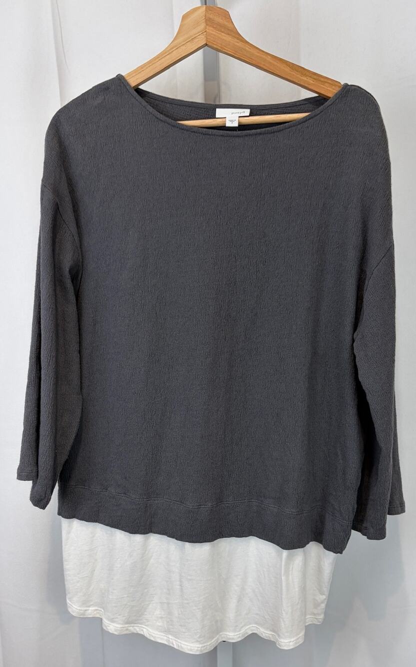 J. JILL PureJill Layered Look Cotton Linen Tunic Top Contrast Hem Gray White S